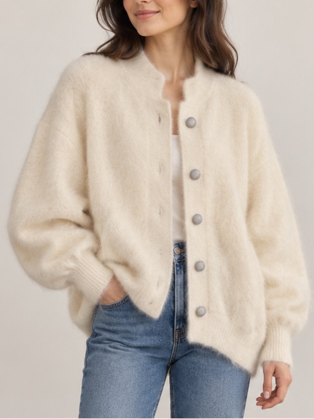 Vintage 80’s Big Star Angora Cream Button-Front Women's Cardigan Lined - M fit